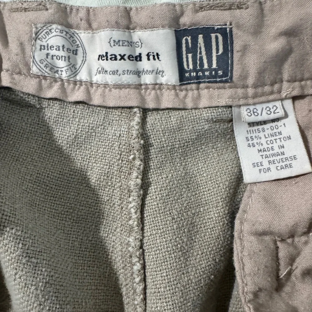 Gap Khakis Mens 36x32 Relaxed Fit Pleated Linen Cotton Tan Pants 11158-00-1
